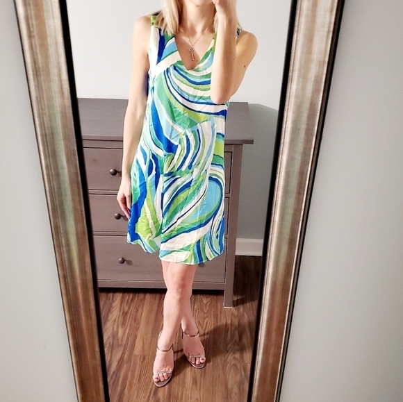 NWT Julie Brown Green Blue Print Sleeveless Dress - Picture 1 of 5